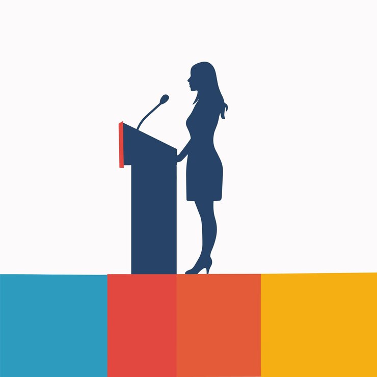 Vector female silhouette delivering speech podium multicolor background professional attire woman