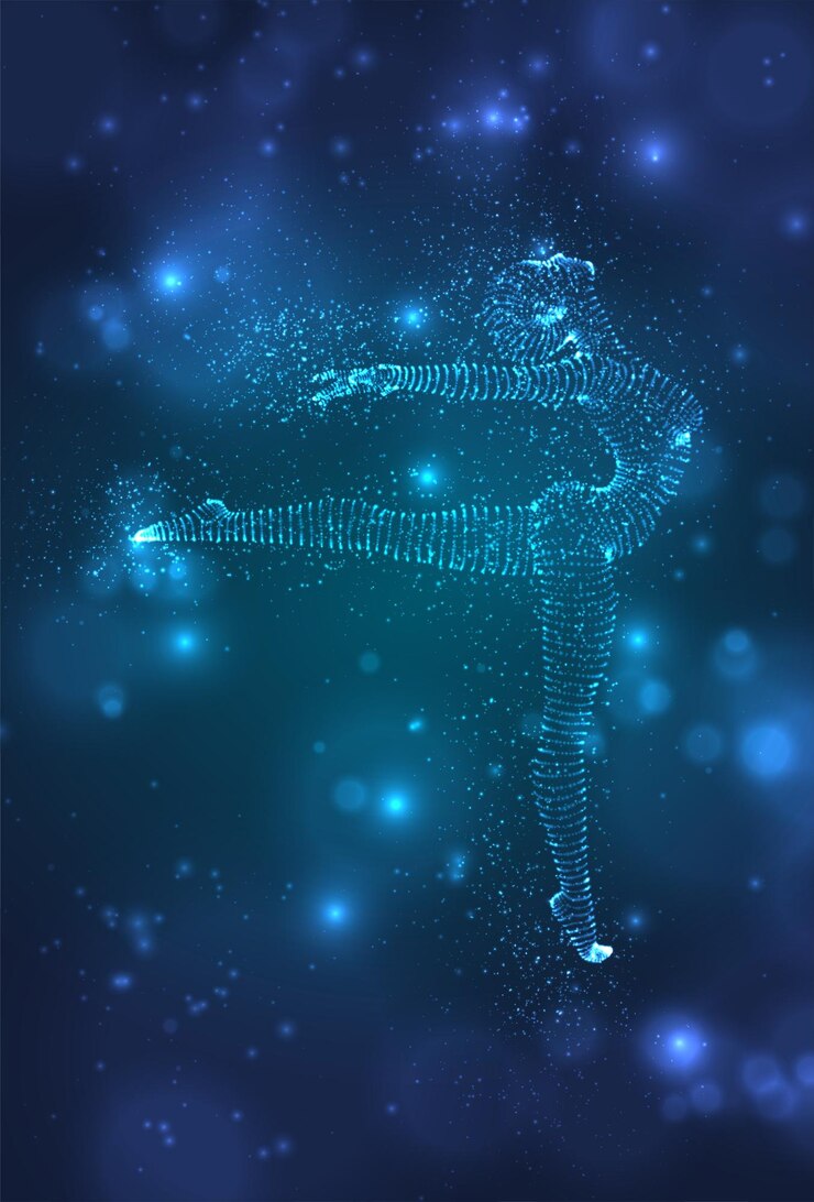 Vector a female silhouette from luminous dots dancing on an abstract dark blue background vector layout