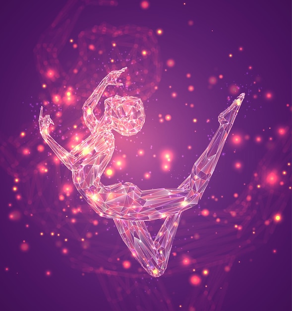 抽象的なピンクの背景のベクトル レイアウトで踊る発光線とドットの女性のシルエット