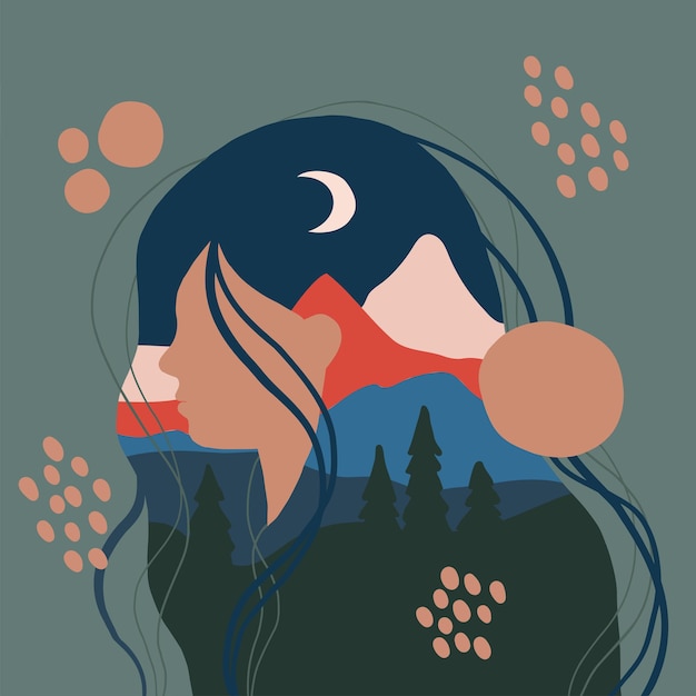 Female silhouette with mountain landscape as a background travel and adventure concept