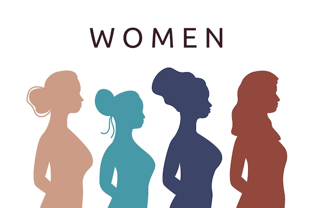 Vector female silhouettes in profile group of women of different ethnicities and cultures together women text vector flat illustration