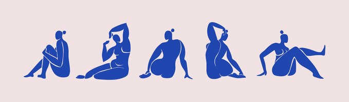 Vector female sitting figures inspired by henri matisse. cut out blue female full bodies in various poses. contemporary vector art isolated on white background.