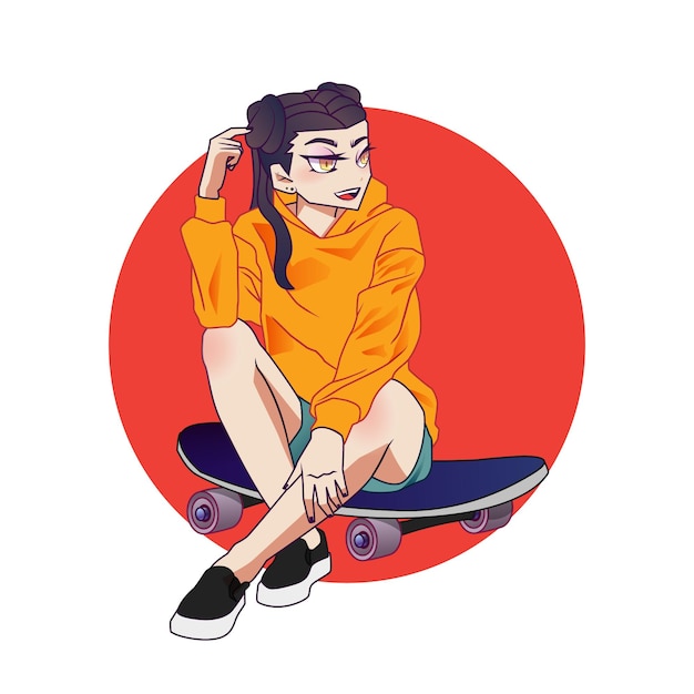 Vector female skater girl in a hoodie