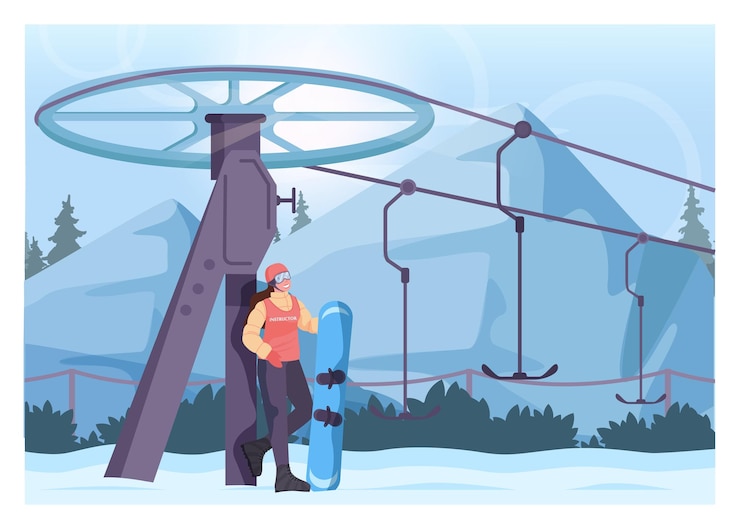 Vector female ski resort instructor holding a snowboard. snowboarding instructor