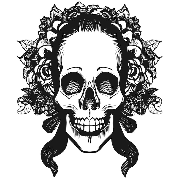 女性の頭蓋骨のタトゥーのアイデア手描きのベクトルの黒と白のクリップ アート