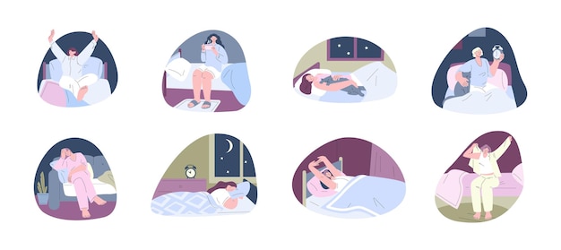 ベクトル 女性は一人で眠るキャラクター ベッドで家で甘い夢をみる 猫と眠っている女性 早起きする女の子 疲れた人々はソファに座る 不眠症と休息のベクトルシーン 一人で休んでいる女性のイラスト