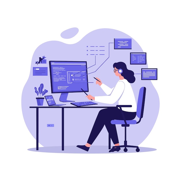female software developer programming at desktop computer with multiple code windows vector illustration