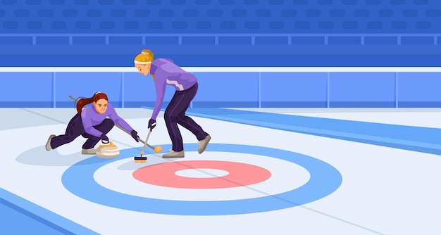 Vector female sportsman training to play curling in special ice arena red and blue markings on the ice no spectators concept of hard work to win vector illustration