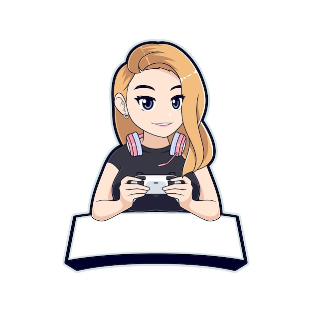 女性ストリーマーeスポーツロゴマスコット、美容ゲーマーの女の子の漫画