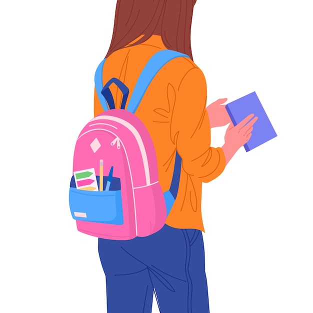 バックパックを背負っている女性学生バックパックを持った少女バックビュー学校のバッグを背負ったティーンエイジャー少女フラットベクトルイラストバッグを持った若い女性