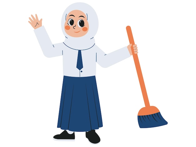 Female Student Holding A Broom Illustration