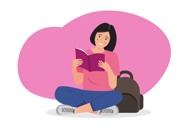 Vector female student interested in reading open book in hand isolated flat vector illustration