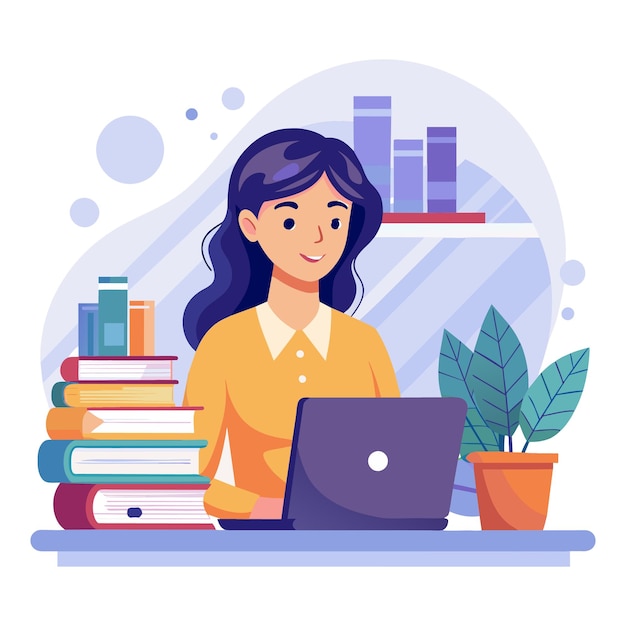 Female student sitting at desk with laptop and books studying and learning vector illustration