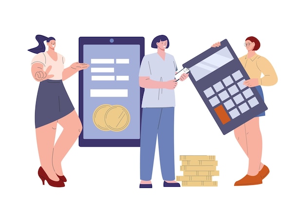 Female study financial literacy vector concept Women with money smartphone and calculator Business investment online banking or digital invest Illustration of financial concept