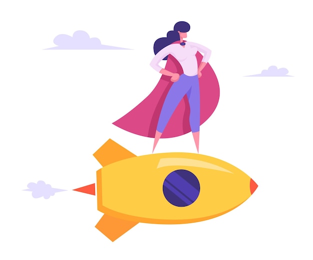 Female Superhero in Red Cloak Flying on Golden Rocket Illustration