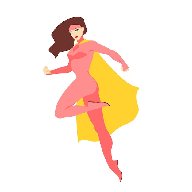 Supereroe femminile o supereroina. donna castana con corpo muscoloso che indossa costume attillato o body e mantello. personaggio fantastico con super poteri. illustrazione vettoriale in stile cartone animato piatto.