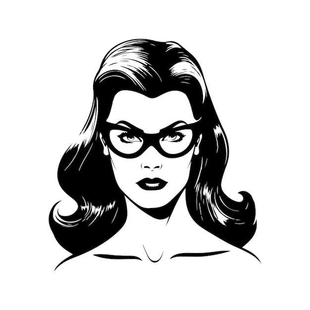 Female superhero vintage logo line art concept black and white color hand drawn illustration