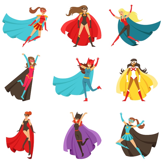 Female Superheroes In Classic Comics Costumes With Capes Set Of Smiling Flat Cartoon Characters