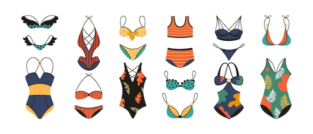 Female swimsuit Beach bra and panties Bikini collection Cartoon swimwear Fashion summer swimming clothing with flowers and stripes Underwear for sunbathing Vector isolated set