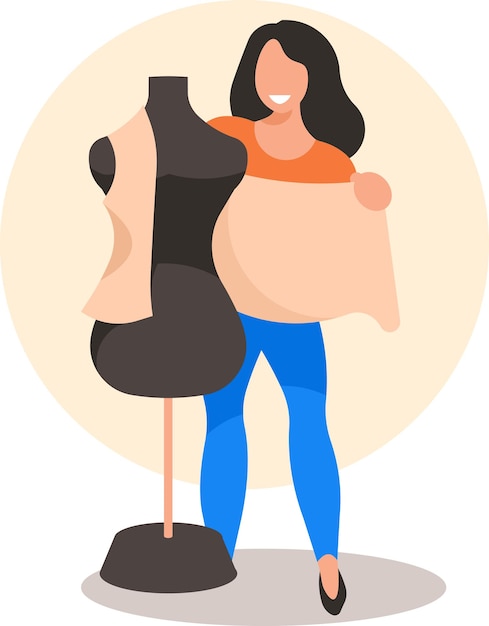 Vector female tailor trying the outfit on a model doll isolated on transparent background