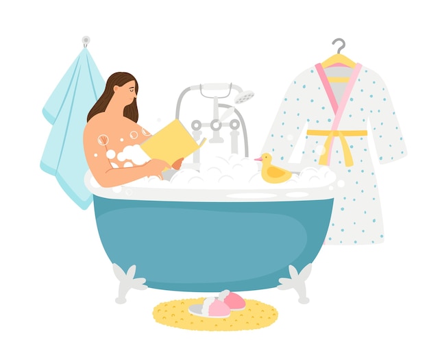 Female take bath. relaxation, woman read book in bathroom. girl evening relax vector scene