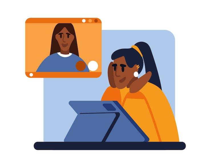 Vector female talking with sister via tablet modern communication technologies messenger