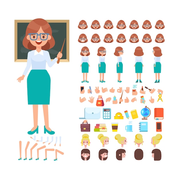 Female teacher for animation various hairstyles emotions gestures front side back view