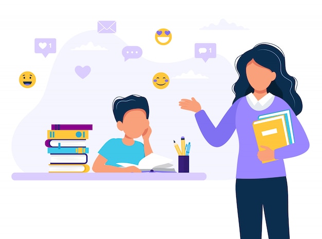 female teacher and boy studying. 