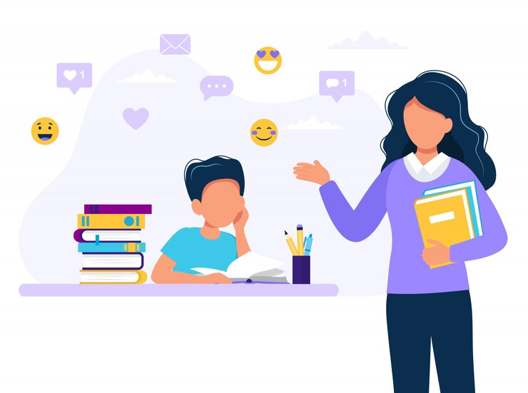 Vector female teacher and boy studying. 