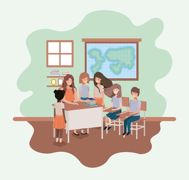 Vector female teacher in the geography class with students vector illustration