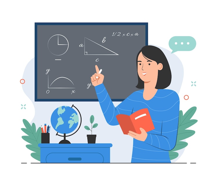 Vector female teacher giving math lesson while explaining it on chalkboard
