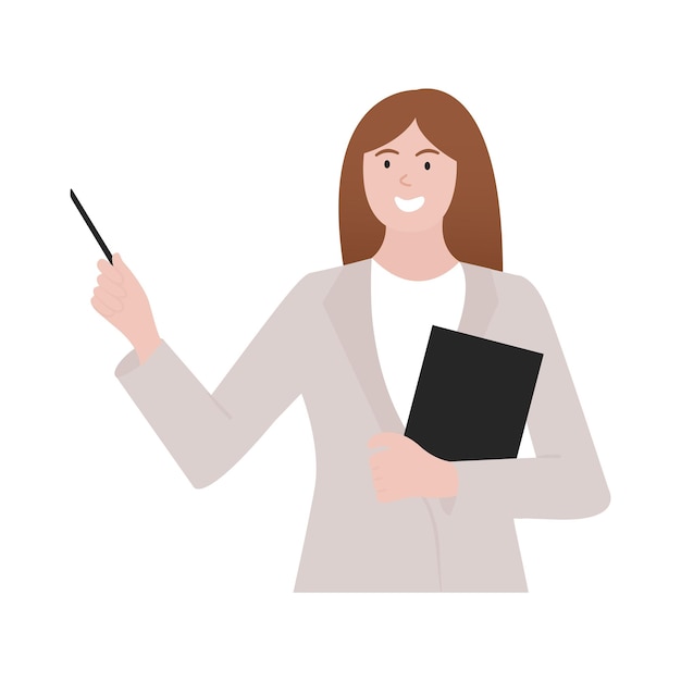 female teacher holding notepad documents smiling while teaching character illustration vector