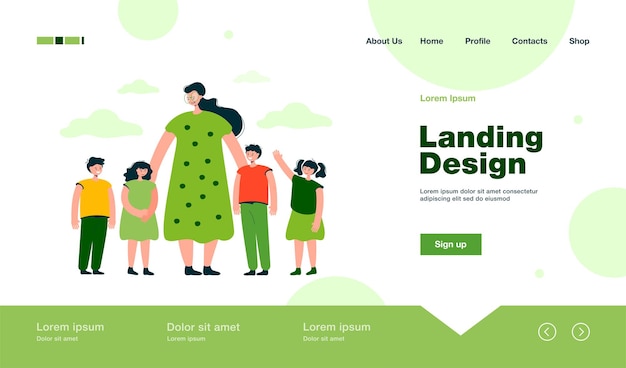 Female teacher and kids walking outdoors landing page in flat style