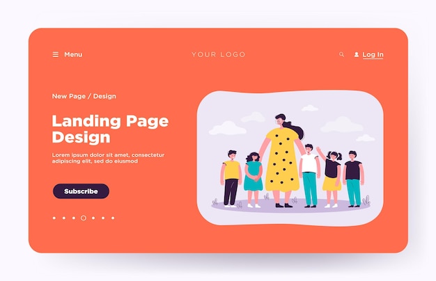 Vector female teacher and kids walking outdoors landing page