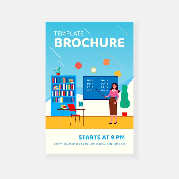 Vector female teacher standing near blackboard brochure template