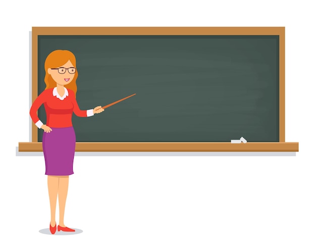 Vector female teacher teaching a lesson on the chalkboard.