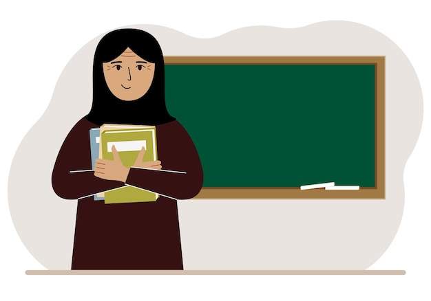 Vector female teacher with books on the background of the school board