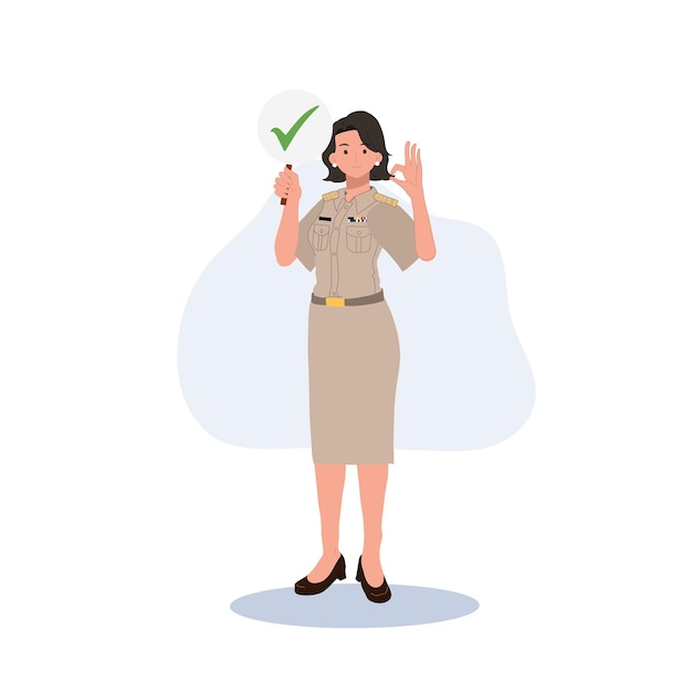 制服を着た女性のタイ政府職員 女性タイ人教師が正しいチェック マーク記号を保持し、OK 手サイングッド ベクトル図を保持しています。