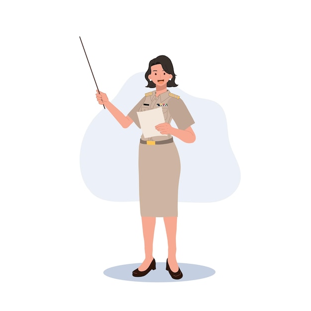 Female Thai government officers in uniform Woman Thai teacher holding pointer stick explaining knowledge Vector illustration