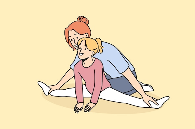 Female trainer work with little girl stretching