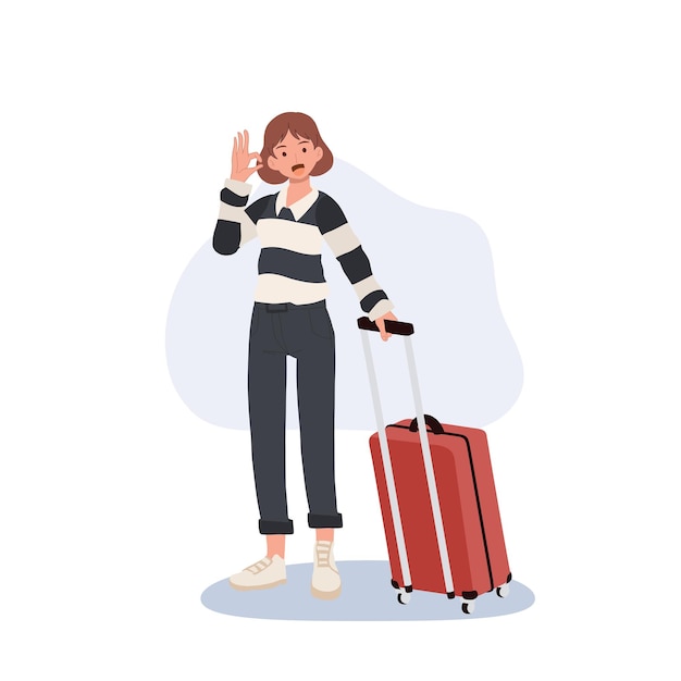 Female Traveling tourists with travel backpack luggage is doing OK hand sign Flat vector illustration