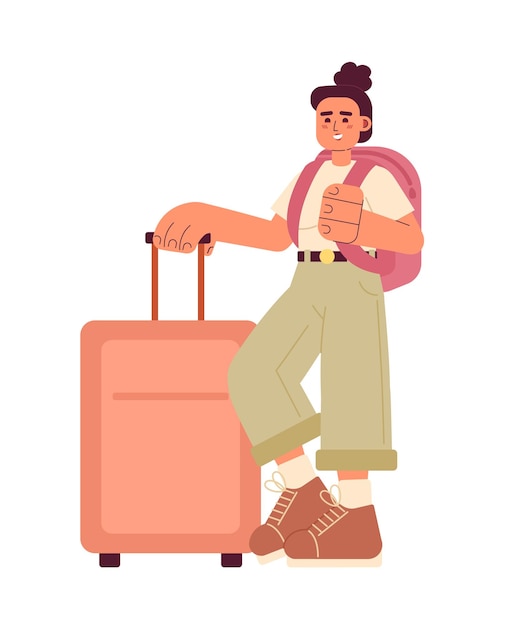 Female traveller with suitcase and backpack semi flat colorful vector character