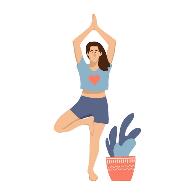 Female in  in a tree yoga pose with a plant. Woman in a blue t-shirt practicing yoga. Hand drawn coloured vector illustation. Gym, pilates, yoga classes isolated design element.