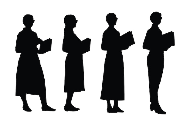 Female Tutors and masters standing in different position silhouette set vectors Girl teachers with anonymous faces Educators wearing uniforms silhouette collection School teacher girl silhouette