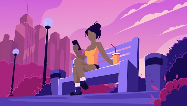 Vector the female vacationer on a bench in the park with phone. warm time in the city.