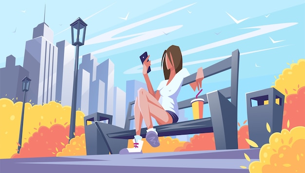 Vector the female vacationer on a bench in the park with phone. warm time in the city.