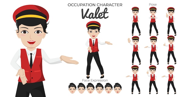 Female Valet Character Set with Variety of Pose and Face Expression