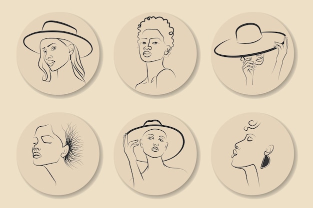 Female various faces types thin line icon set