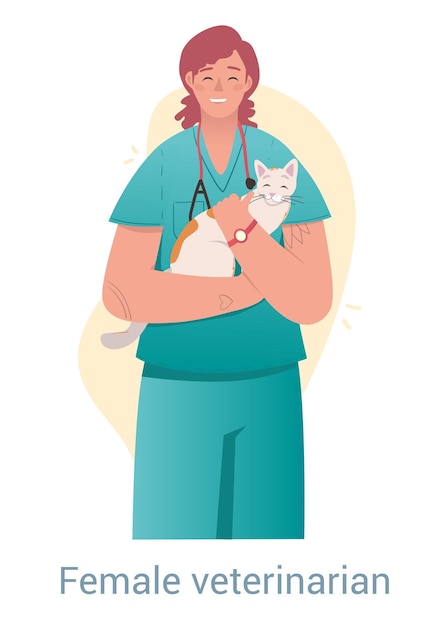 Вектор Женская ветеринарная концепция улыбающаяся женщина держит маленькую кошку в руках персонаж угощает и спасает