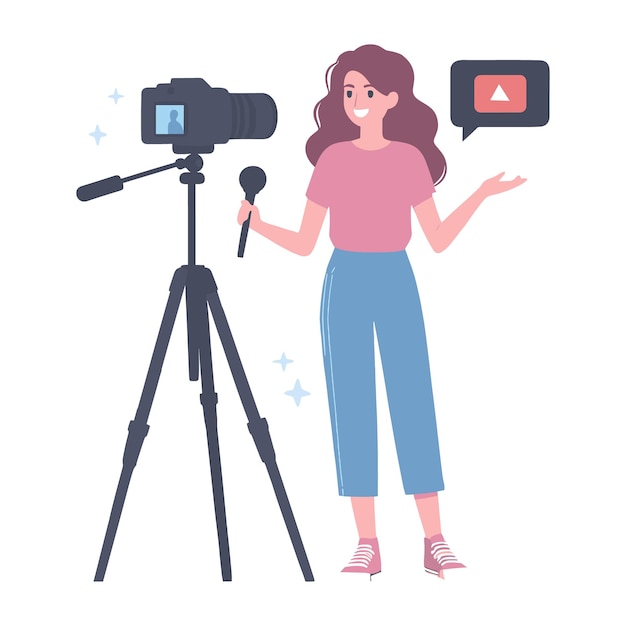 Vector female vlogger flat design vector illustration